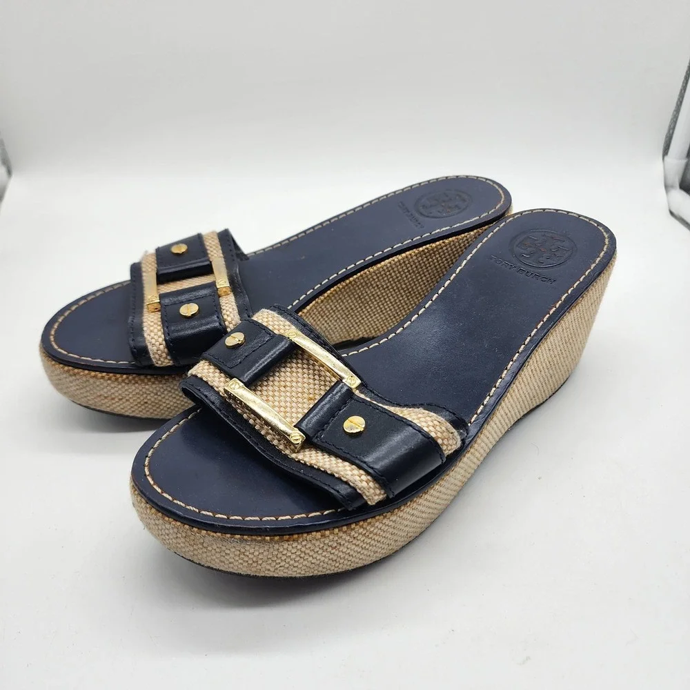 Tory Burch Wedge Slide Sandals Women 7M Navy Blue Leather Canvas Gold Hardware